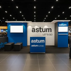 Astum trade show booth rental with modern blue and white design